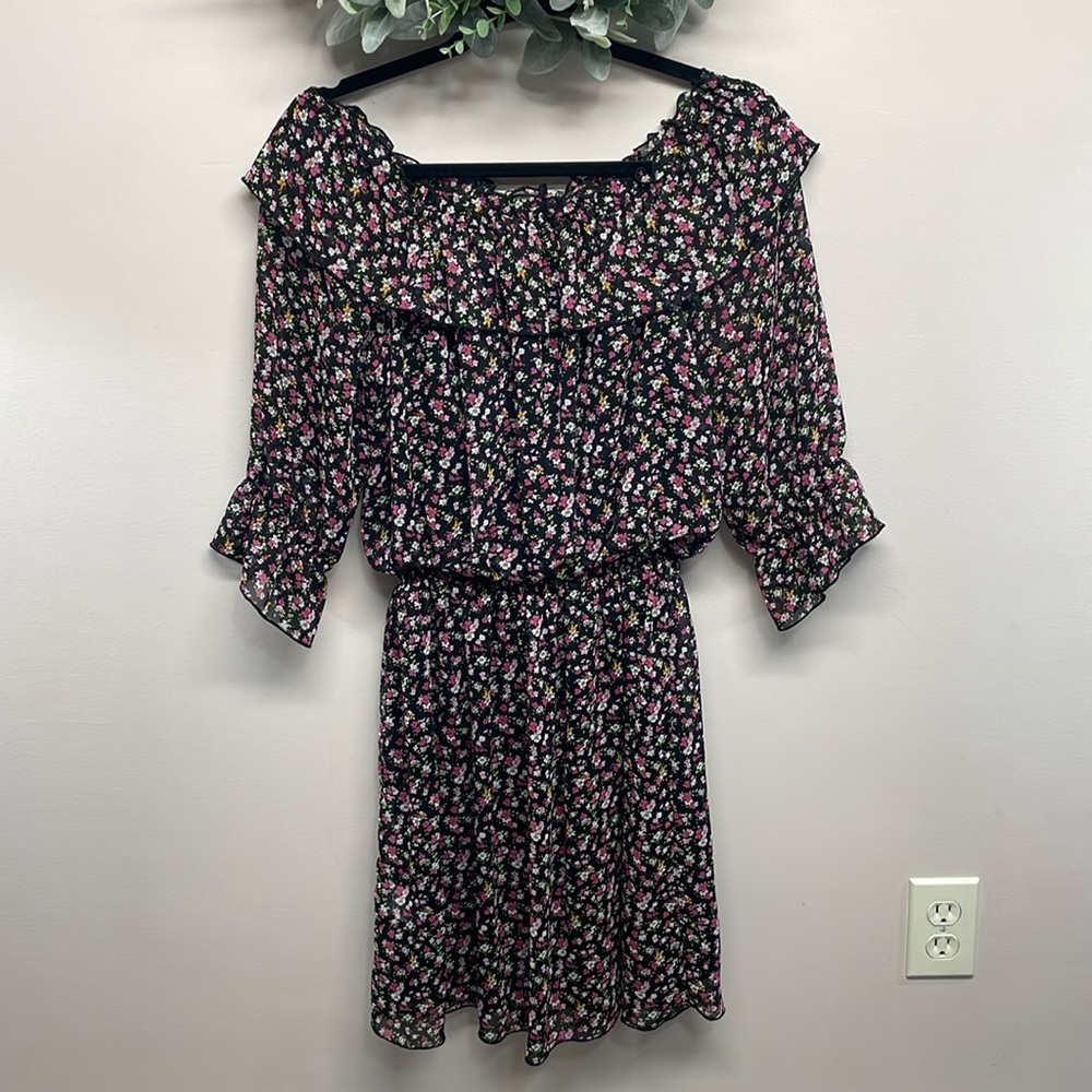 Jump Girl Black Floral 3/4 Sleeve Off The Shoulder Dress M